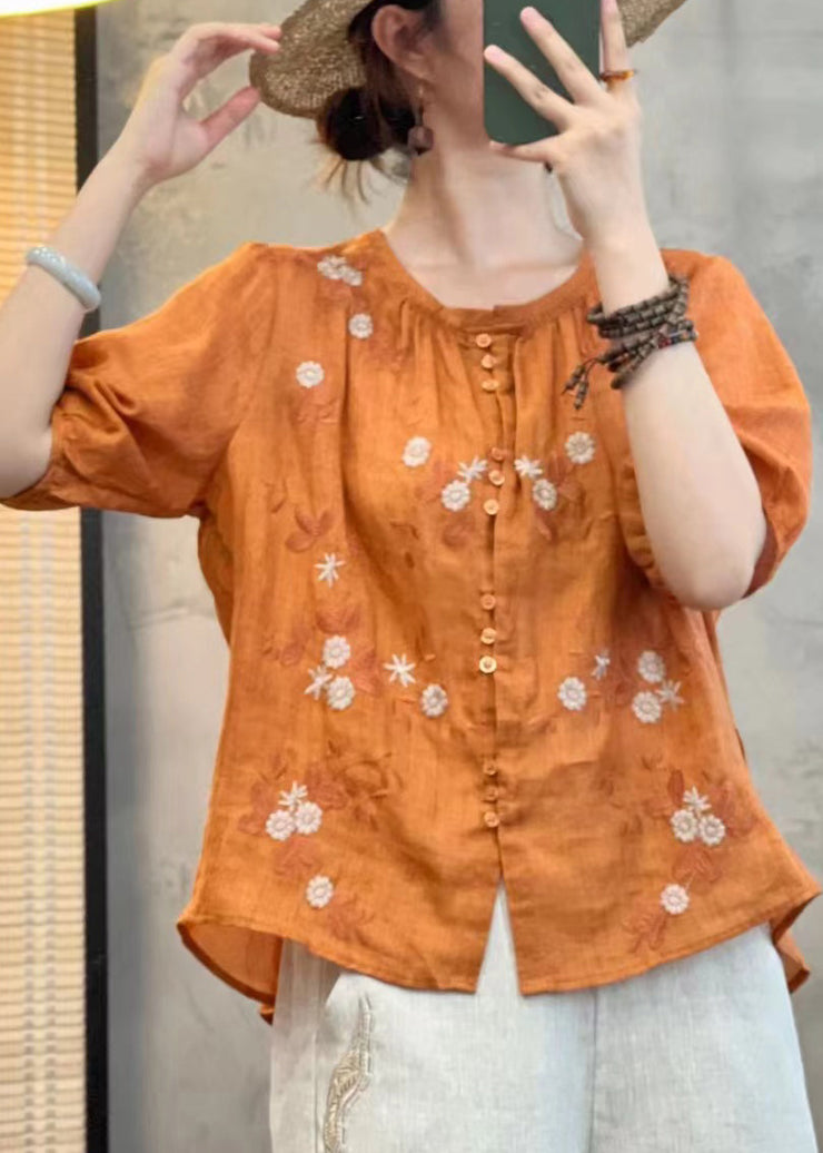 Handmade Orange Embroidered Button Linen Blouses Summer