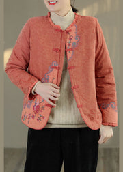 Handmade Orange Embroideried Patchwork Fine Cotton Filled Coat Outwear Spring