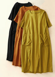 Handmade Orange O Neck Pockets Patchwork Cotton Dresses Summer