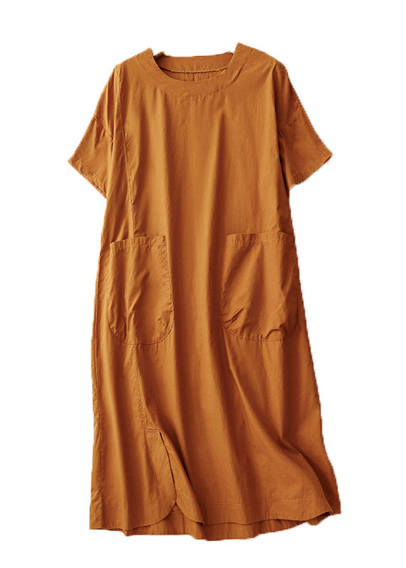 Handmade Orange O Neck Pockets Patchwork Cotton Dresses Summer