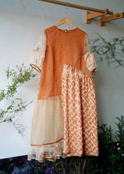 Handmade Orange O Neck Wrinkled Patchwork Cotton Dress Summer