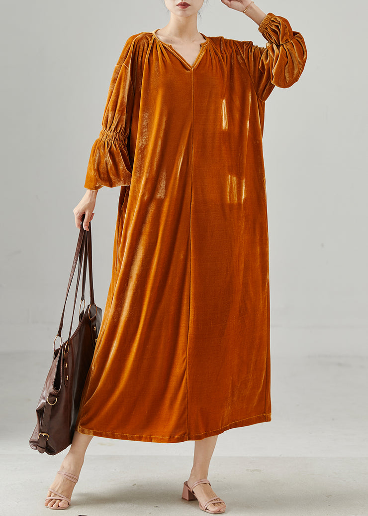 Handmade Orange Oversized Silk Velvet Long Dresses Lantern Sleeve