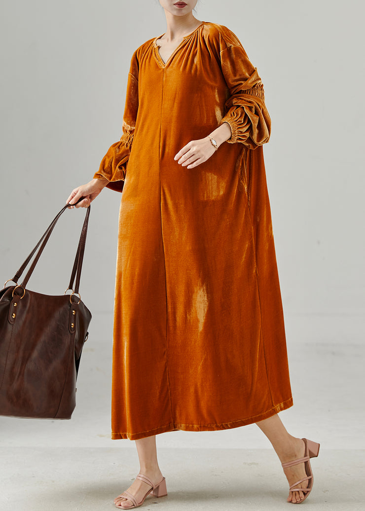 Handmade Orange Oversized Silk Velvet Long Dresses Lantern Sleeve