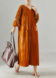 Handmade Orange Oversized Silk Velvet Long Dresses Lantern Sleeve