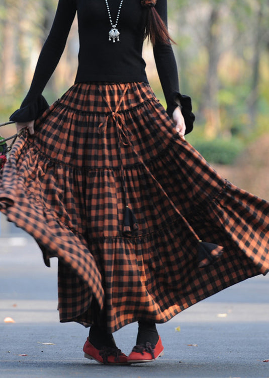 Handmade Orange Plaid Wrinkled Patchwork Cotton Skirt Spring