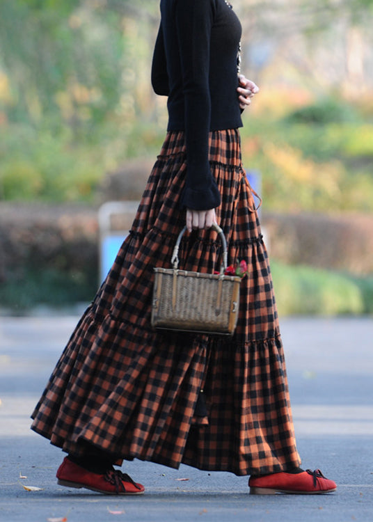 Handmade Orange Plaid Wrinkled Patchwork Cotton Skirt Spring