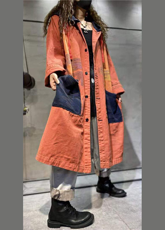 Handmade Orange Pockets Button Casual Fall Denim Long sleeve Coat