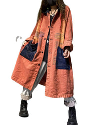 Handmade Orange Pockets Button Casual Fall Denim Long sleeve Coat