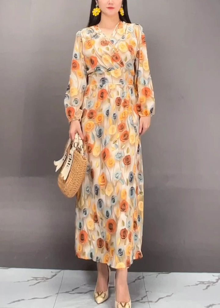 Handmade Orange Print Tunic Long Dresses Fall