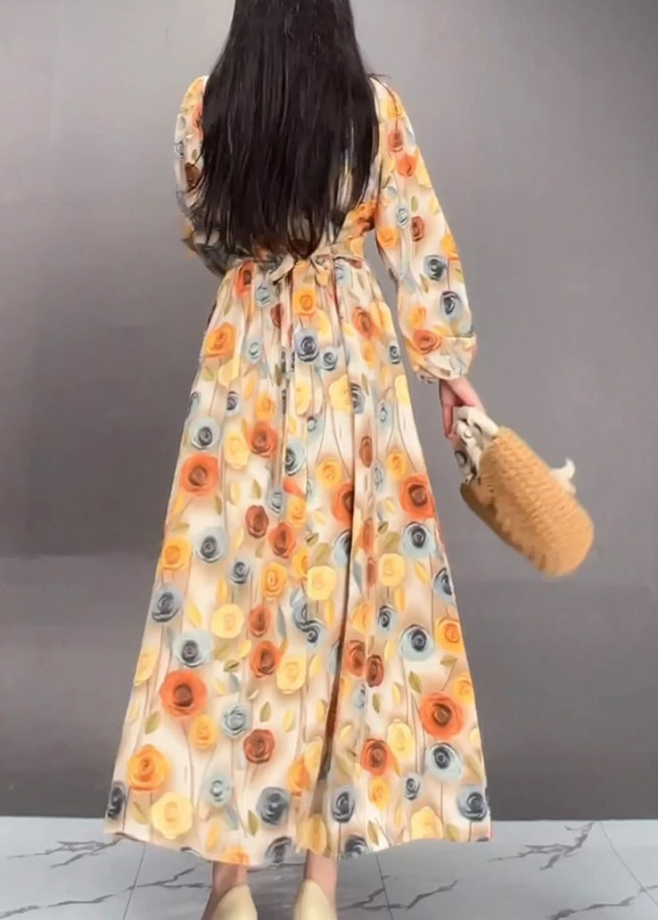 Handmade Orange Print Tunic Long Dresses Spring