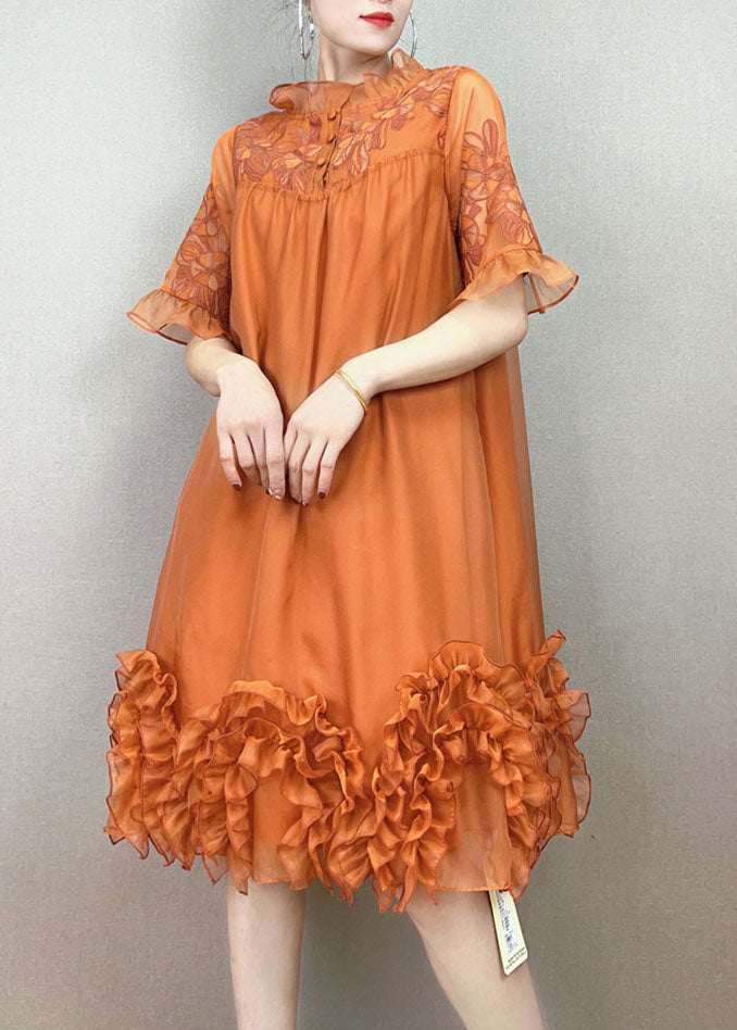 Handmade Orange Ruffled Embroidered Patchwork Tulle Dress Summer