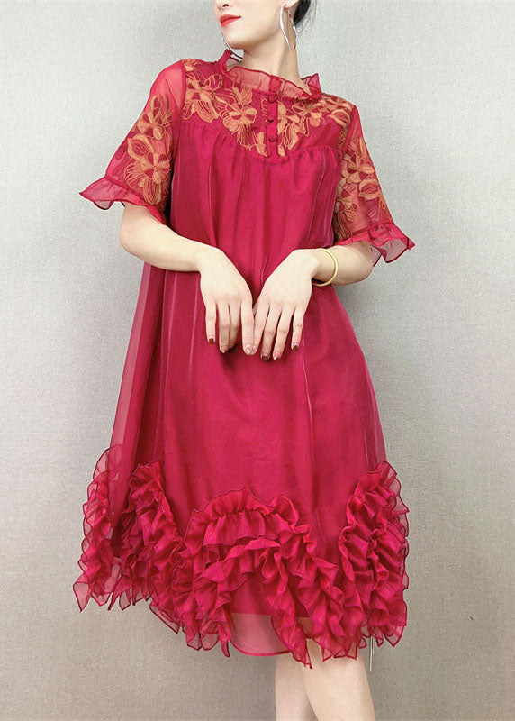 Handmade Orange Ruffled Embroideried Patchwork Tulle Dress Summer