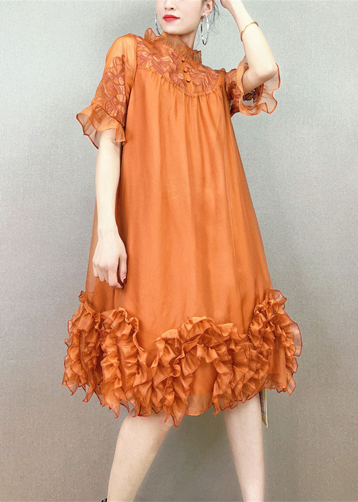 Handmade Orange Ruffled Embroideried Patchwork Tulle Dress Summer