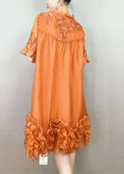 Handmade Orange Ruffled Embroidered Patchwork Tulle Dress Summer