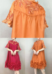 Handmade Orange Ruffled Embroideried Patchwork Tulle Dress Summer