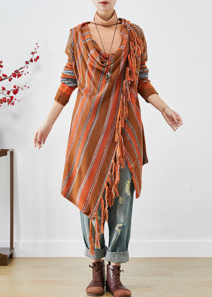 Handmade Orange Tasseled Striped Knit Cardigans Fall