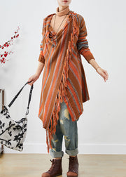 Handmade Orange Tasseled Striped Knit Cardigans Fall