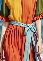 Handmade Orange Tie Waist Patchwork Linen Holiday Dress Summer