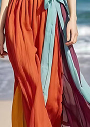 Handmade Orange Tie Waist Patchwork Linen Holiday Dress Summer