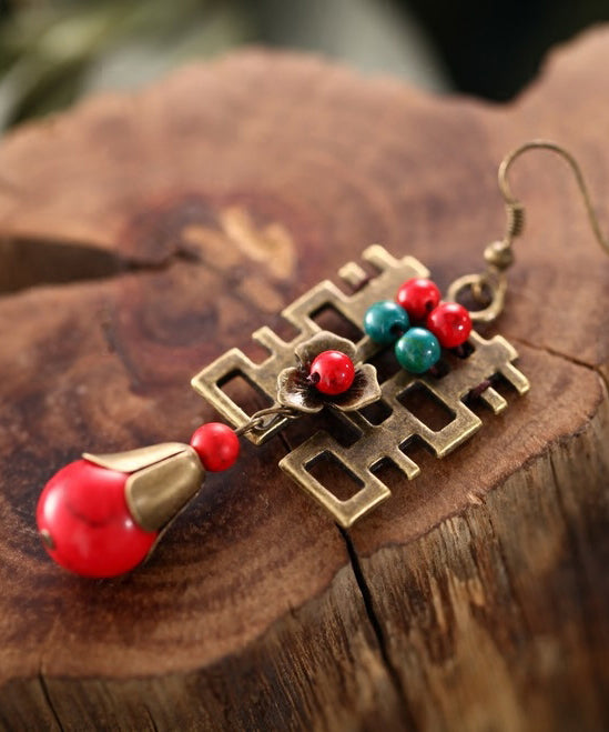 Handmade Original Chinese Style Double Happiness Lingmen Drop Earrings