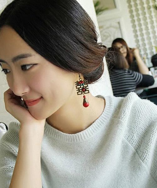 Handmade Original Chinese Style Double Happiness Lingmen Drop Earrings