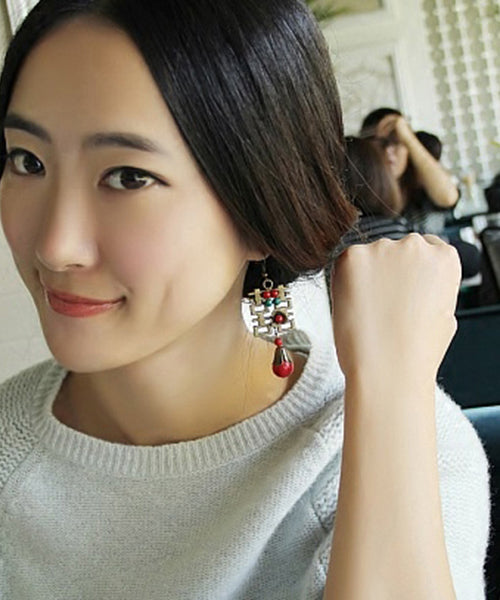 Handmade Original Chinese Style Double Happiness Lingmen Drop Earrings