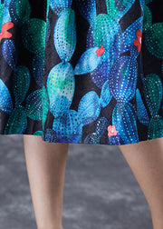 Handmade Peacock Blue High Waist Print Skirt Summer