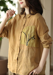 Handmade Peter Pan Collar Embroideried Button Ramie Shirts Long Sleeve