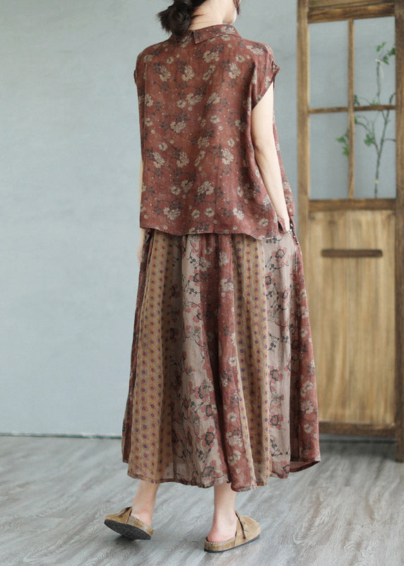 Handmade Peter Pan Collar Print Linen Shirts And Maxi Skirts Two Pieces Set Summer