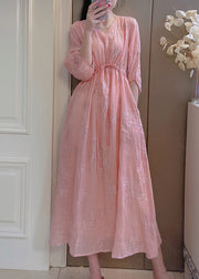 Handmade Pink Embroidered Drawstring Linen Dress Summer