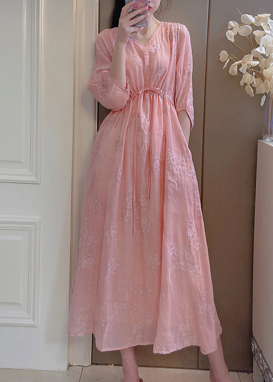 Handmade Pink Embroidered Drawstring Linen Dress Summer