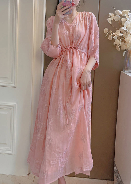 Handmade Pink Embroidered Drawstring Linen Dress Summer