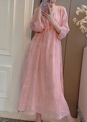 Handmade Pink Embroidered Drawstring Linen Dress Summer