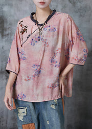 Handmade Pink Embroidered Print Linen Blouses Summer