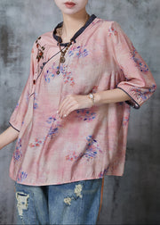 Handmade Pink Embroidered Print Linen Blouses Summer