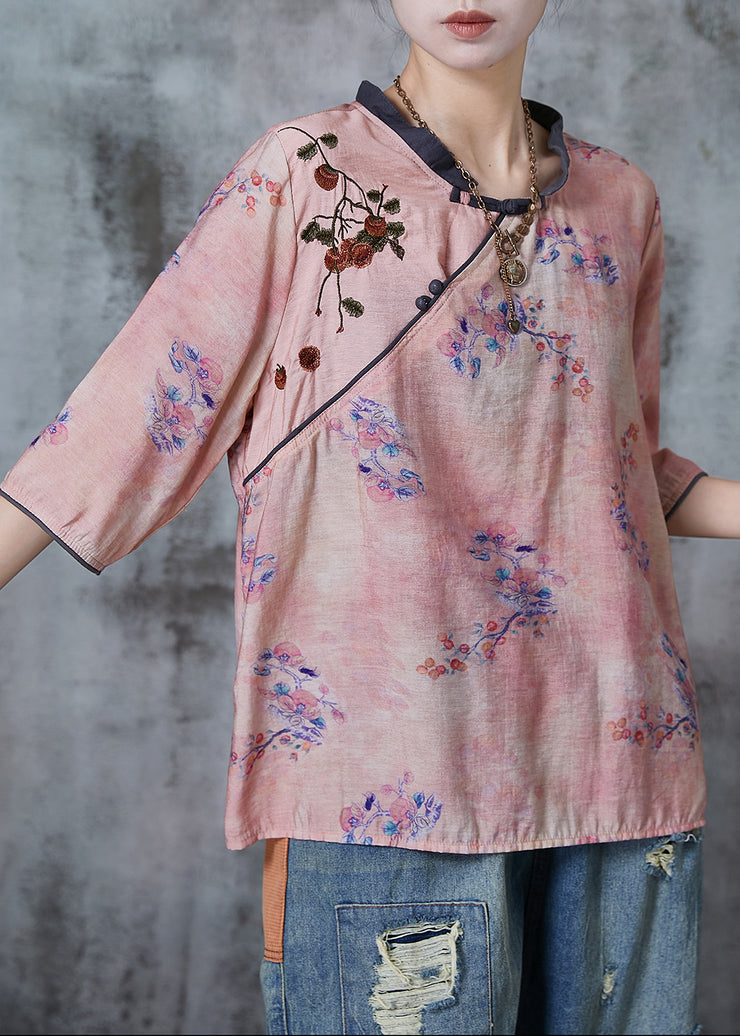 Handmade Pink Embroidered Print Linen Blouses Summer