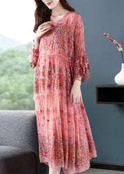 Handmade Pink Embroideried Oversized Silk Vacation Dresses Flare Sleeve