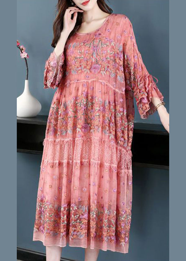 Handmade Pink Embroideried Oversized Silk Vacation Dresses Flare Sleeve