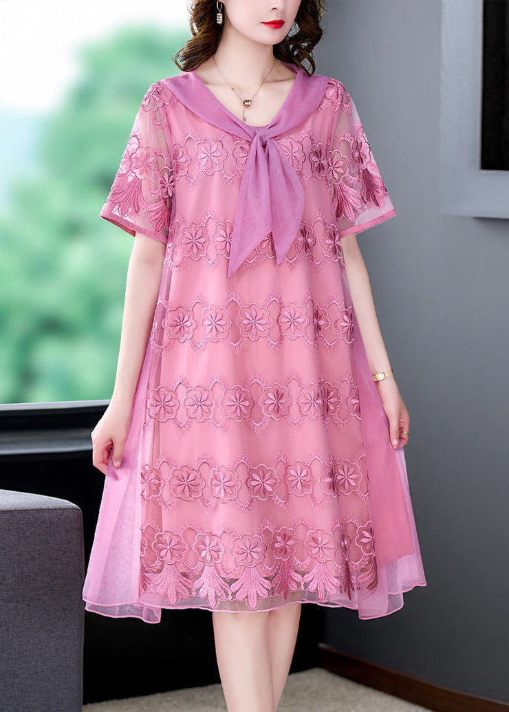 Handmade Pink Embroideried Patchwork Exra Large Hem Tulle Dresses Summer