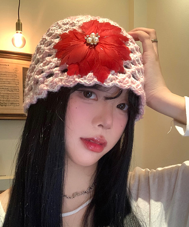 Handmade Pink Feather Floral Hollow Out Knit Boonie Hat