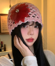 Handmade Pink Feather Floral Hollow Out Knit Boonie Hat