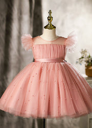 Handmade Pink Nail Bead Tulle Girls Maxi Dresses Short Sleeve