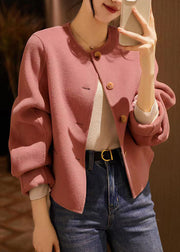 Handmade Pink O Neck Button Patchwork Woolen Coats Winter