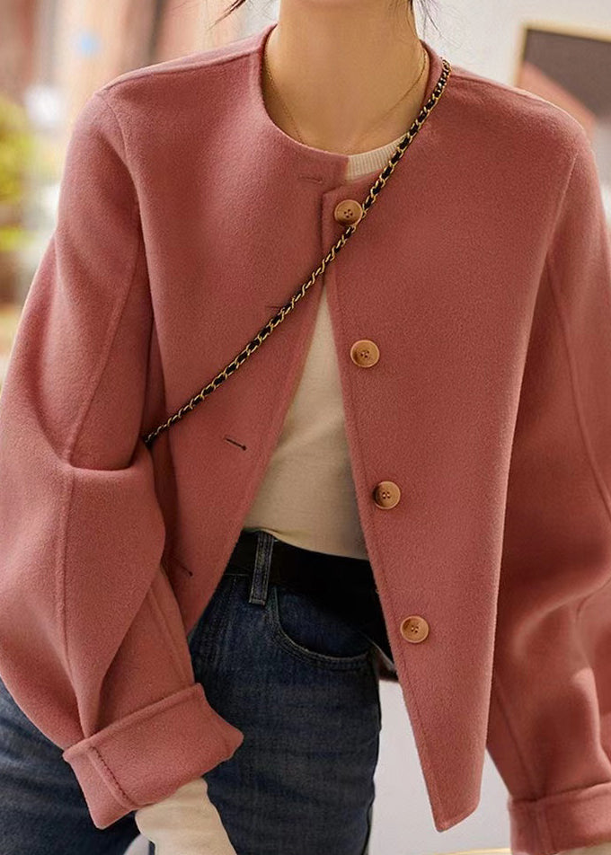 Handmade Pink O Neck Button Patchwork Woolen Coats Winter