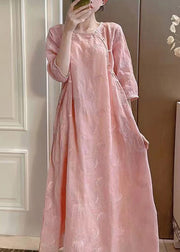 Handmade Pink O-Neck Embroidered Linen Long Dresses Summer