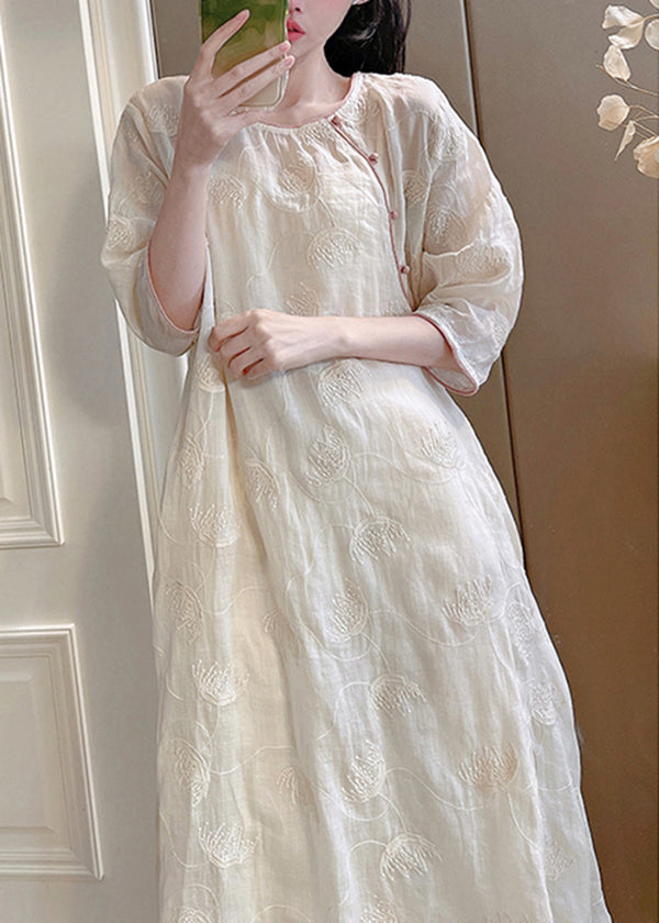 Handmade Pink O-Neck Embroidered Linen Long Dresses Summer