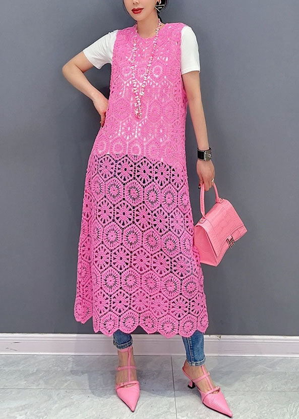 Handmade Pink O-Neck Hollow Out Knit Dresses Summer