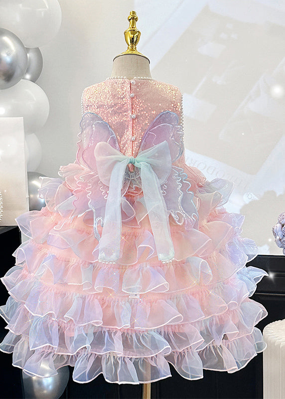 Handmade Pink O-Neck Patchwork Nail Bead Tulle Girls Maxi Dress Summer