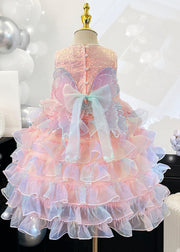 Handmade Pink O-Neck Patchwork Nail Bead Tulle Girls Maxi Dress Summer