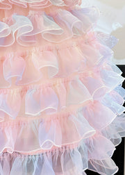 Handmade Pink O-Neck Patchwork Nail Bead Tulle Girls Maxi Dress Summer